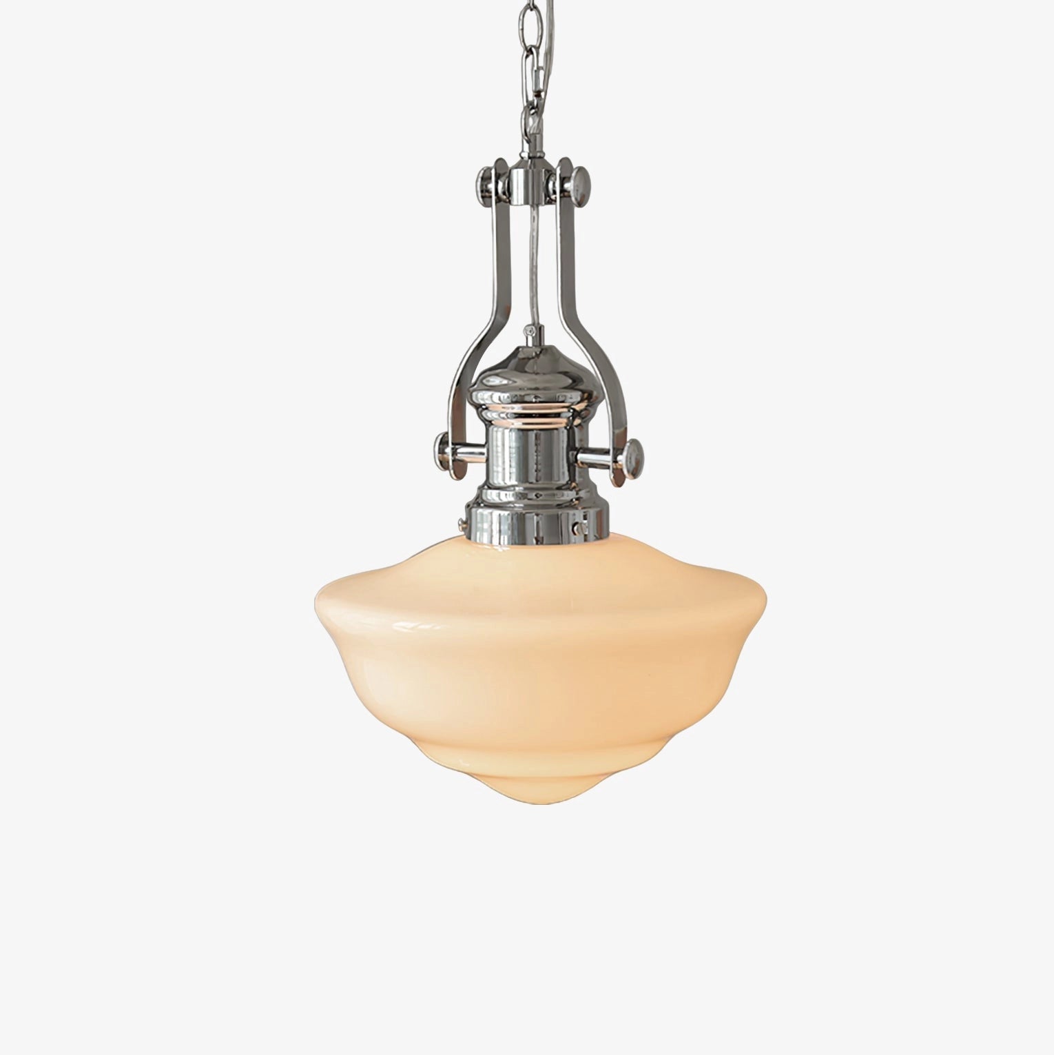 Vintage pendant light featuring an industrial retro design with a glass shade and art deco style, suspended from a metal ceiling fixture.