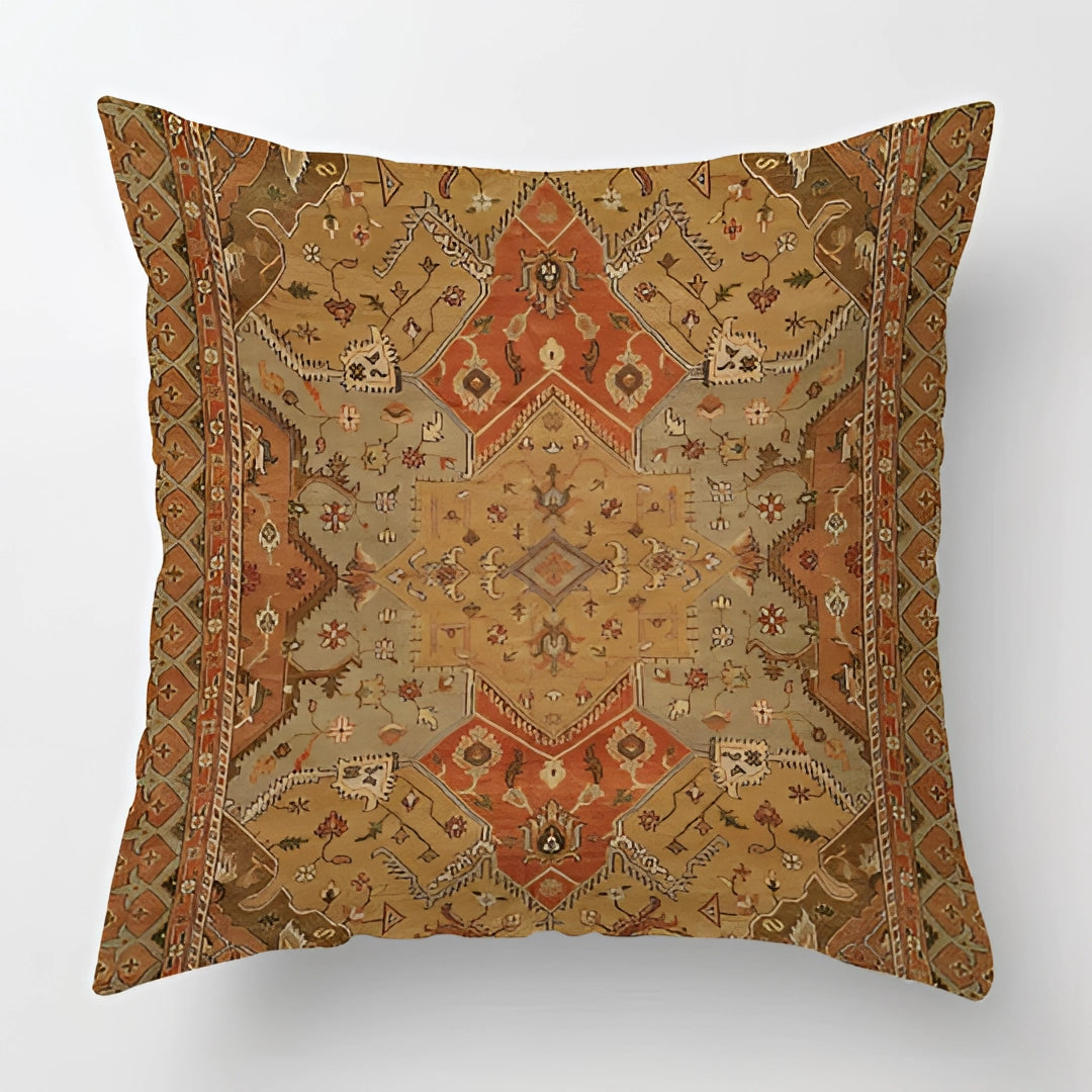 Vintage Persian Decorative Cushion in red and gold with a bohemian pattern, square shape measuring 60 x 60 cm, showcasing intricate textile designs.