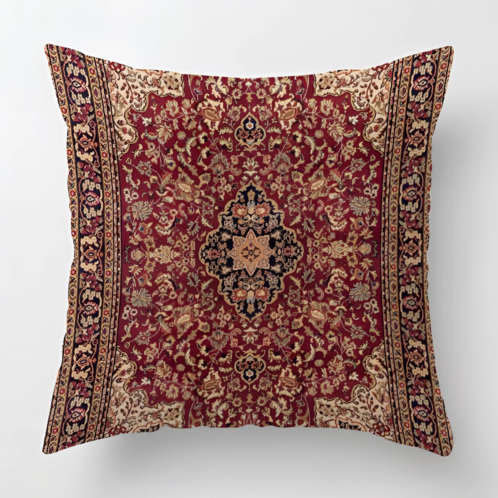 Vintage Persian Decorative Cushion in a red and gold bohemian style, featuring intricate patterns and artistic designs, measuring 60 x 60 cm.