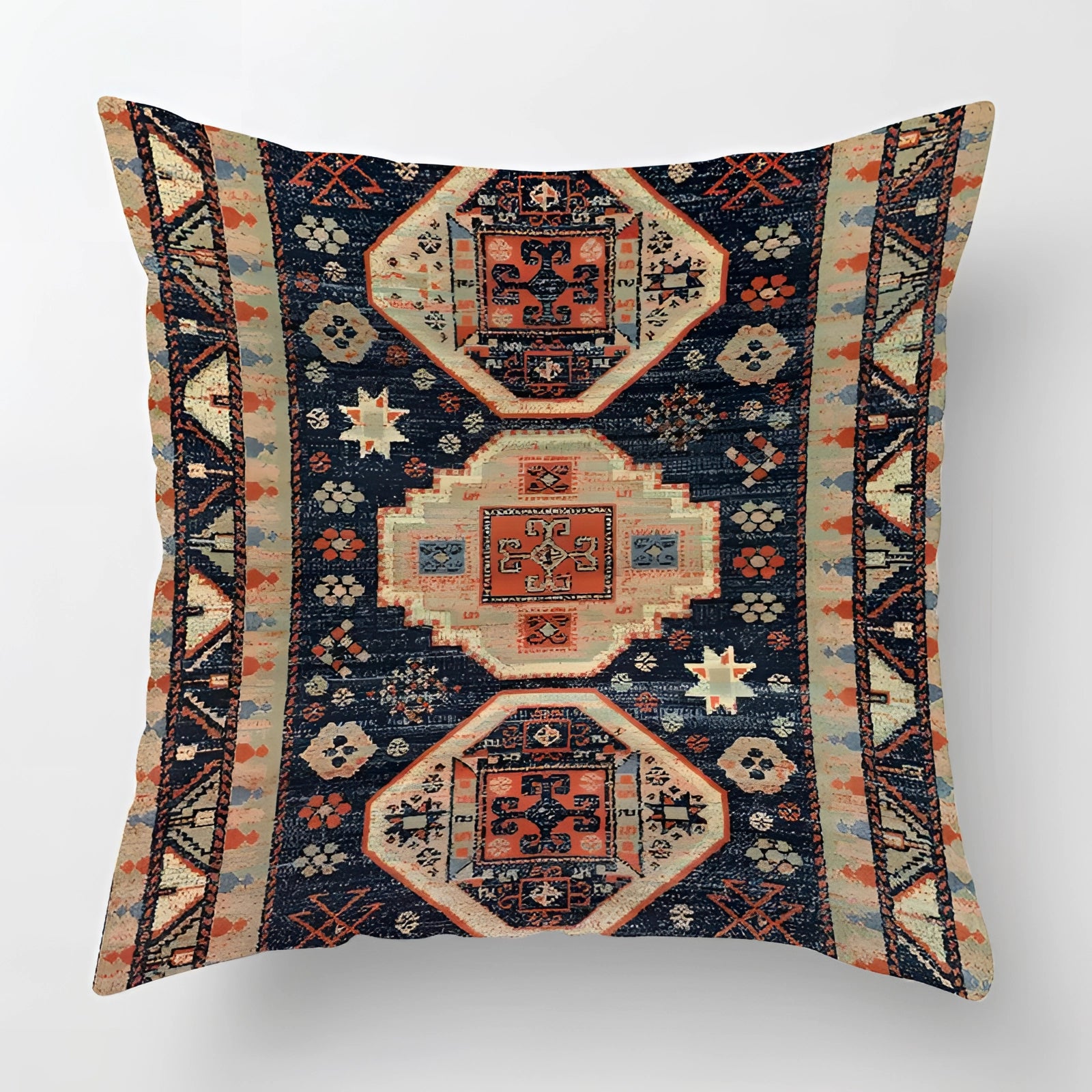 Vintage Persian decorative cushion in red and gold with a bohemian pattern, measuring 60 x 60 cm, placed against a backdrop with elements of plants and creative art.
