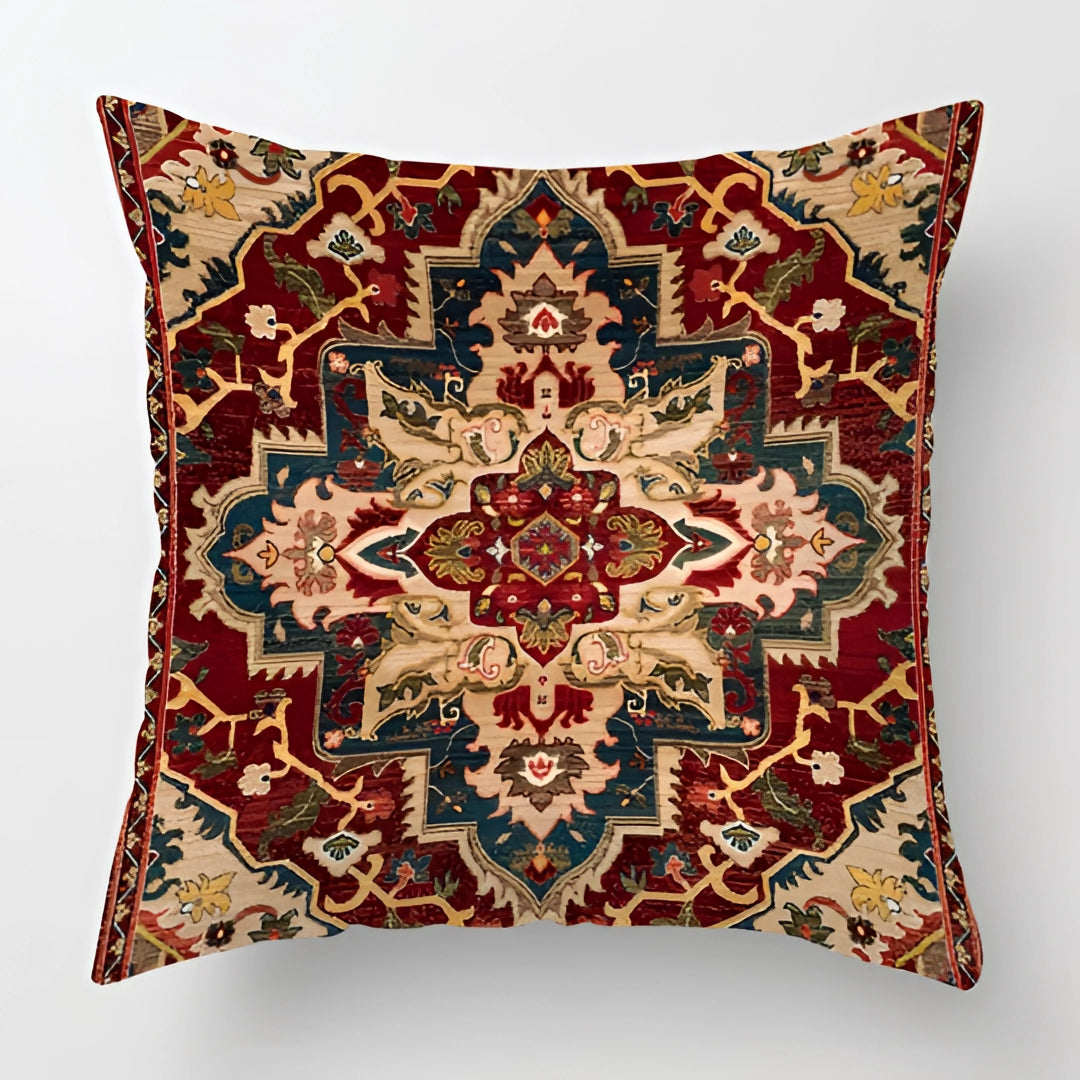 Vintage Persian decorative cushion in red and gold with a bohemian design, featuring intricate patterns and artistic elements, measuring 60 x 60 cm.