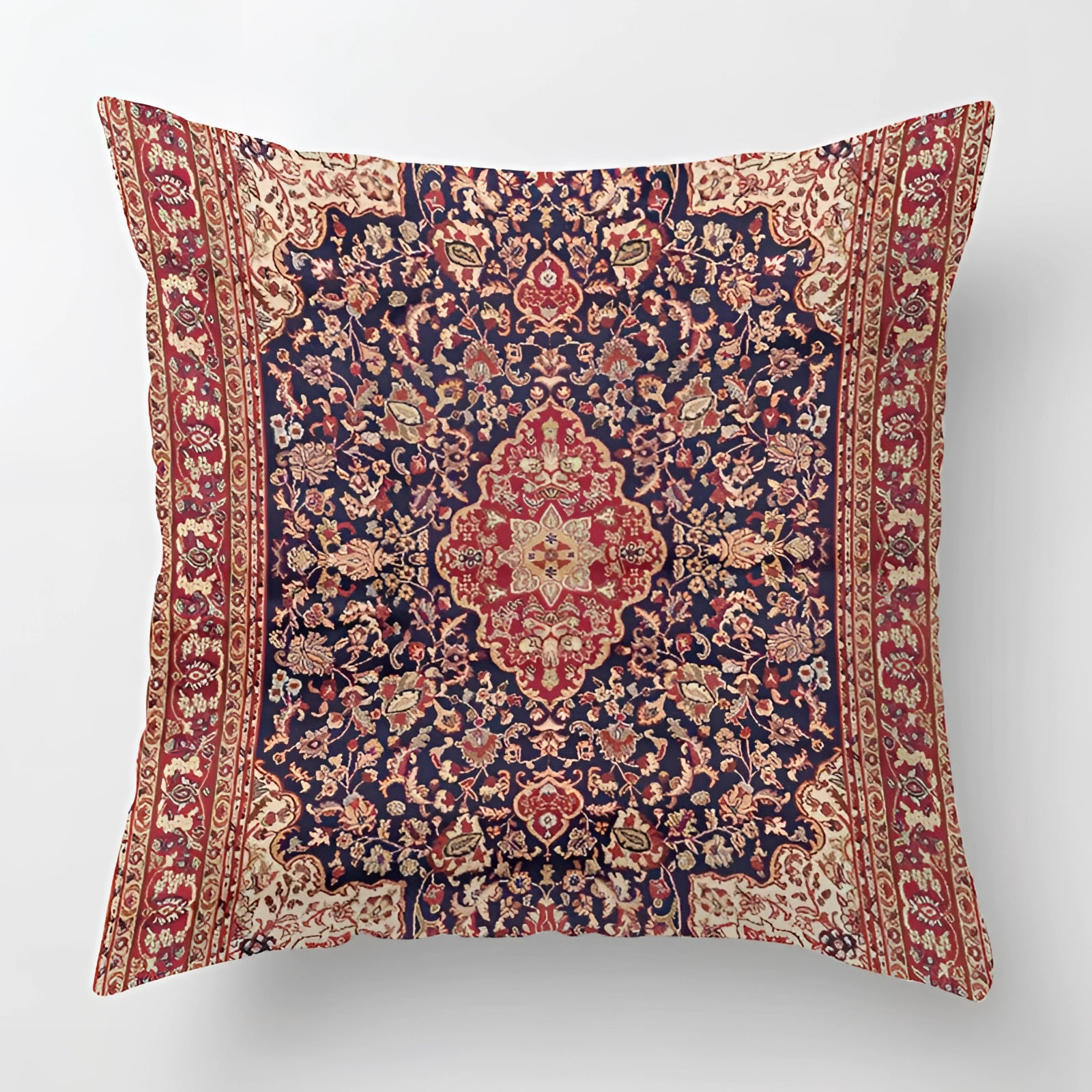 
A vintage Persian decorative cushion in red and gold hues with a bohemian style, featuring intricate patterns. The square pillow measures 60 x 60 cm and adds an artistic touch to home decor.