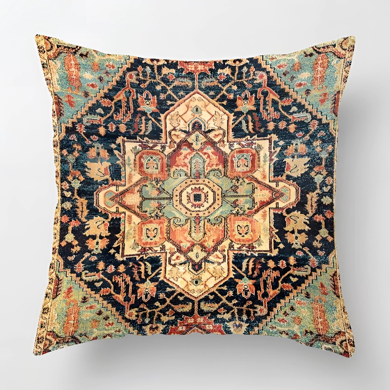 Vintage Persian Decorative Cushion in red and gold hues featuring a bohemian pattern, square 60 x 60 cm size.