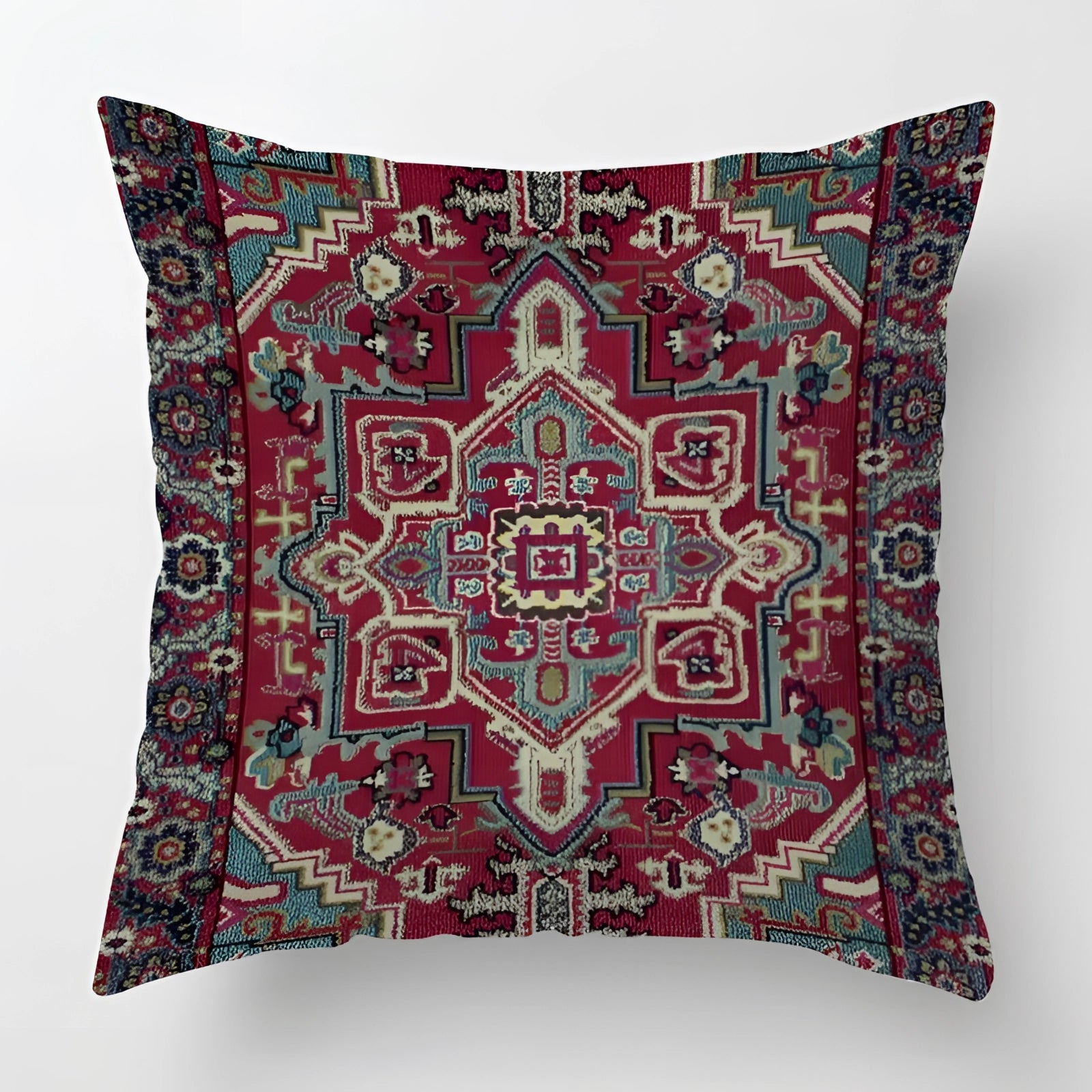 Vintage Persian decorative cushion with a red and gold bohemian pattern, square shape measuring 60 x 60 cm, featuring intricate textile design elements.