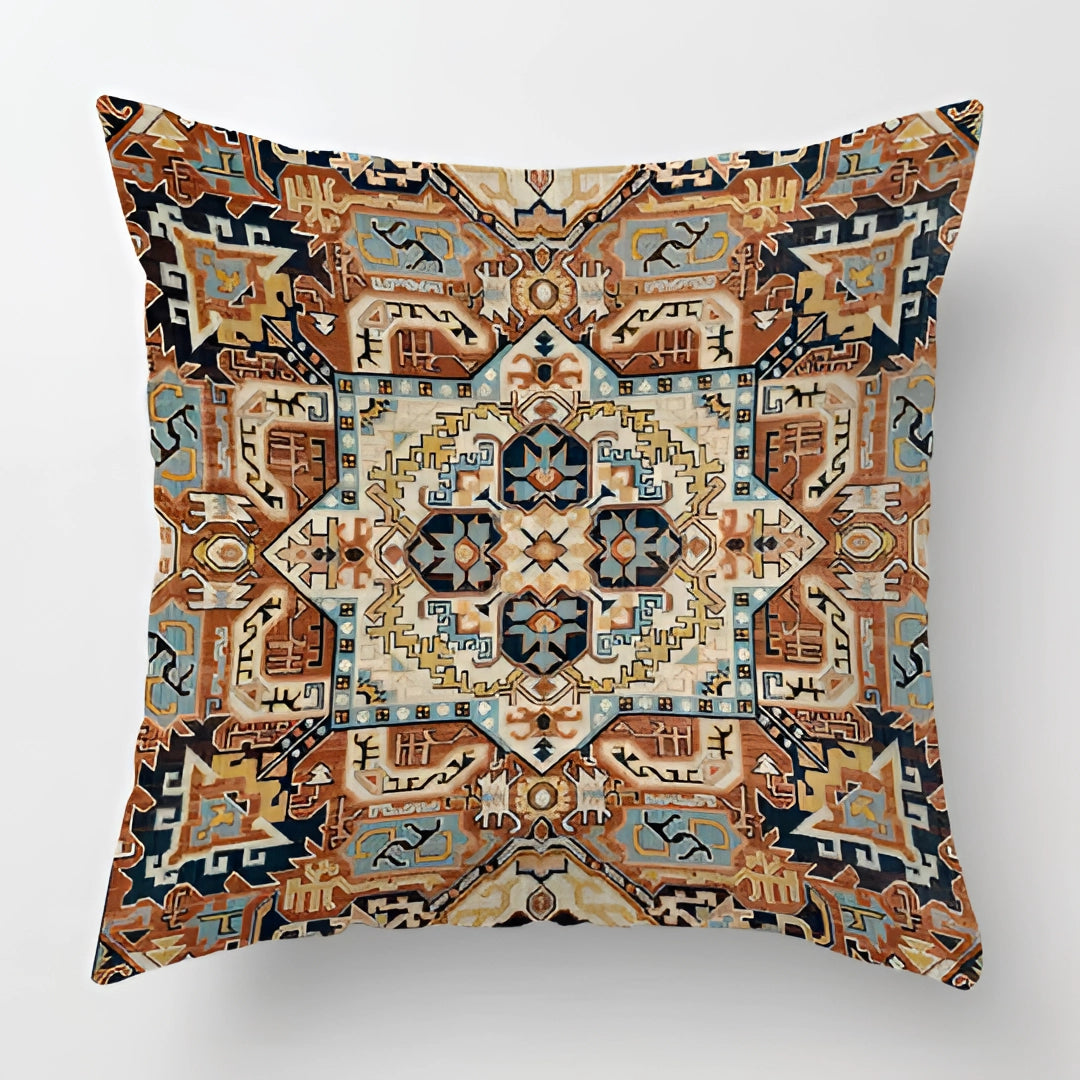 Vintage Persian decorative cushion in a red and gold bohemian style, measuring 60 x 60 cm, featuring intricate patterns and textile artistry.