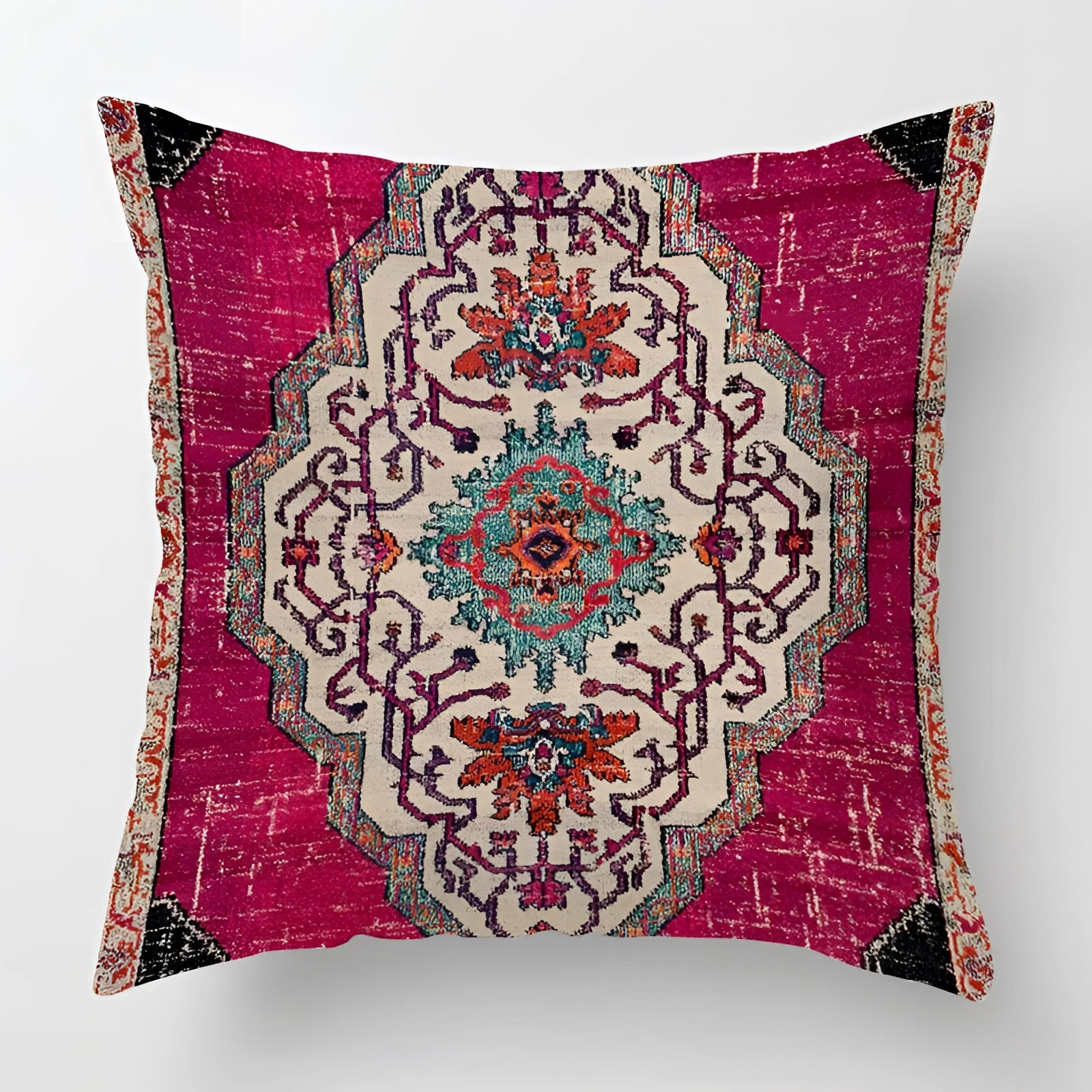 Vintage Persian Decorative Cushion in red and gold tones featuring a bohemian pattern, displayed as a square pillow measuring 60 x 60 cm.