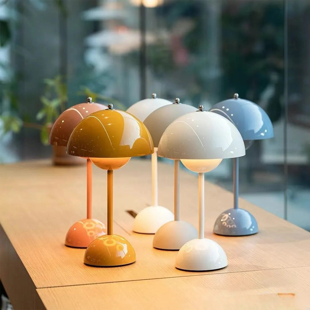 Glossy white vintage desk lamp with a retro design on a wooden base, suitable for home office use.