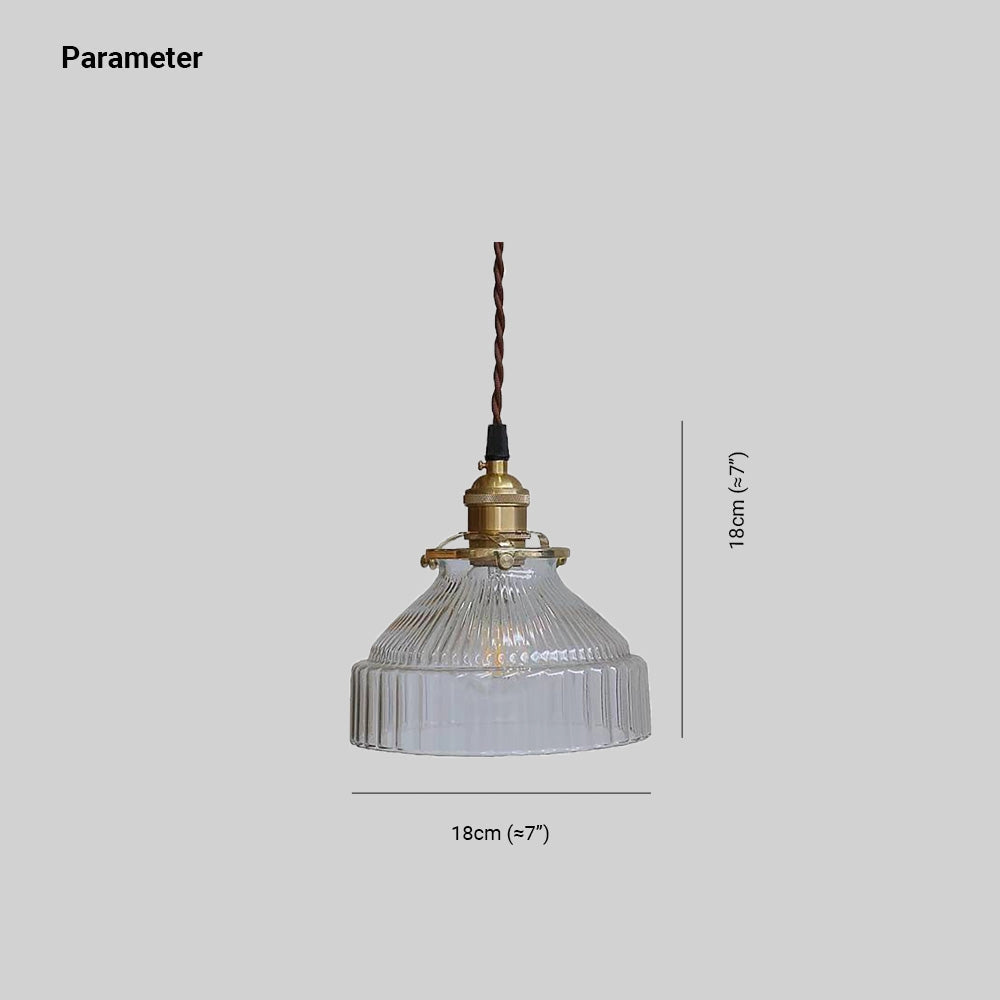 Vintage ribbed glass pendant lamp with industrial brass finish, featuring a dome-shaped ceiling fixture designed as an elegant light fixture.