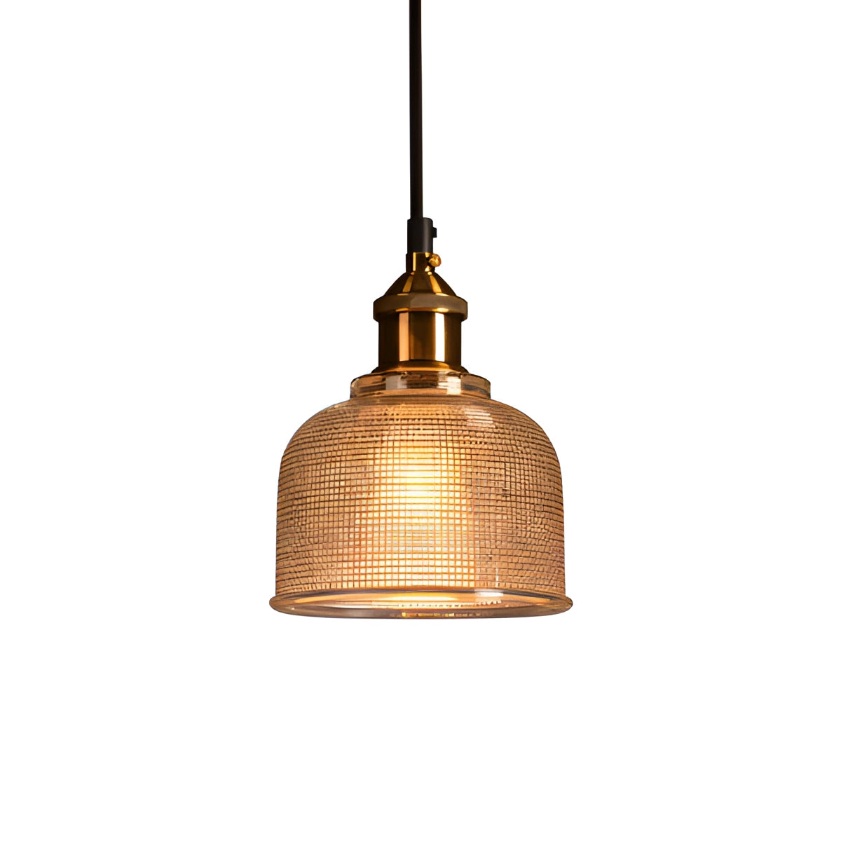 Vintage amber ribbed glass pendant light with brass accents, Edison bulb compatible, featuring an elegant circular design.