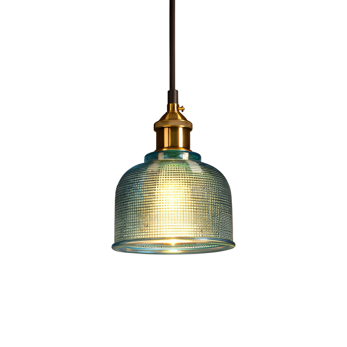 Vintage ribbed glass pendant light with a brass finish, featuring a blue glass shade in a cylindrical shape, compatible with Edison bulbs.