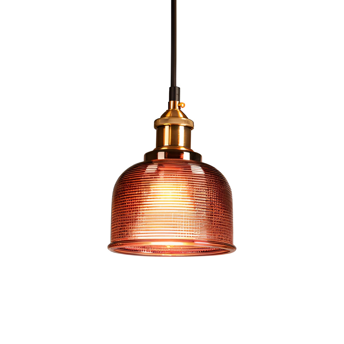 Vintage red ribbed glass pendant light with brass hardware, compatible with Edison bulbs, hanging from the ceiling.