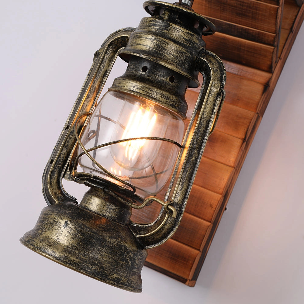 Vintage rustic lantern in antique brass finish, featuring a classic oil lamp design with metal and copper elements, suitable for nautical decor. The lamp also incorporates glass components, enhancing its antique look.