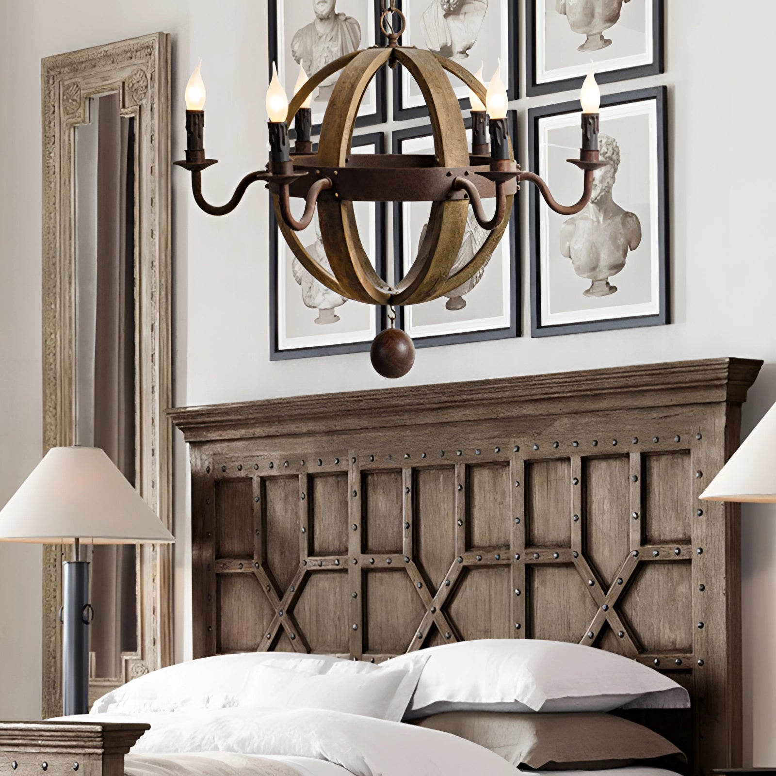 Vintage rustic 6-light pendant light chandelier made of wood and metal, hanging in an interior space.