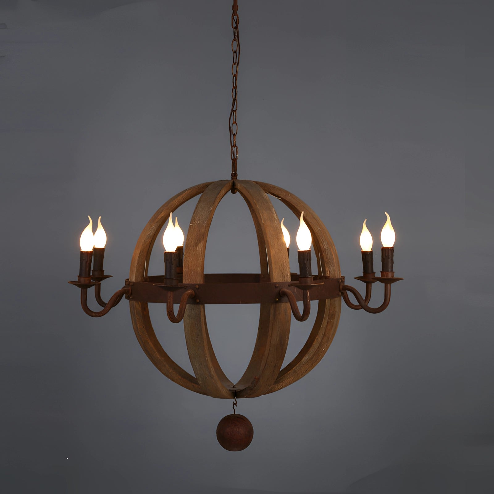 Vintage rustic pendant light featuring a farmhouse design with wooden and metal materials, illuminated with an amber glow.