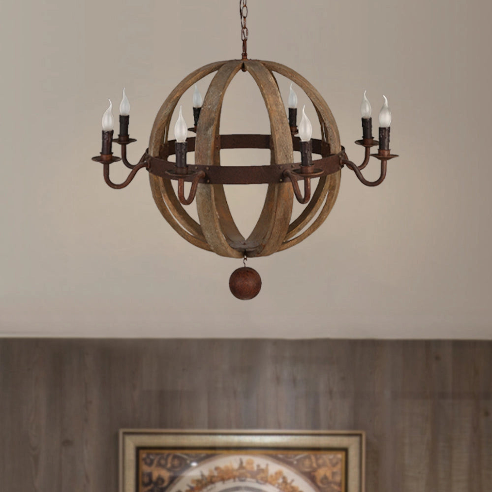 Vintage rustic 8-light pendant chandelier featuring a combination of farmhouse wooden and metal elements, suspended from the ceiling with a symmetrical circular design.