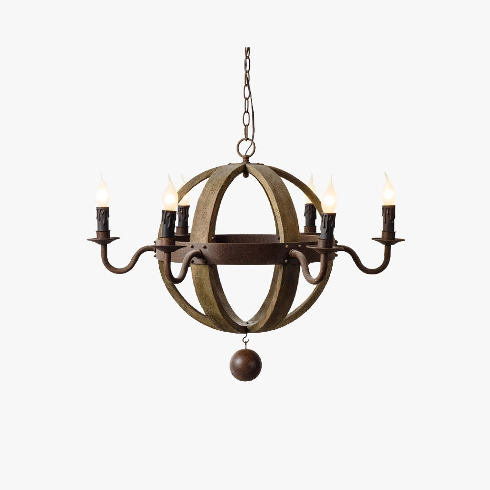 Vintage rustic pendant light with a farmhouse style, featuring a combination of wooden and metal elements, designed in a symmetrical circular shape, ideal as a chandelier with glass details for ceiling installations.