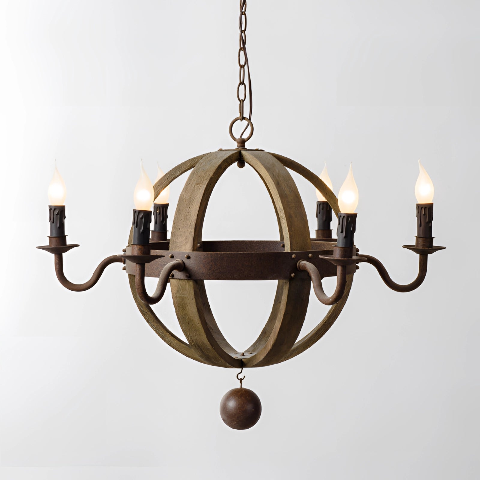 Vintage rustic pendant light featuring a farmhouse design with a blend of wooden and metal elements, showcasing a warm amber tint. The chandelier has an ornamental style with a mix of rectangular and oval shapes, perfect for adding a rustic touch to any space.