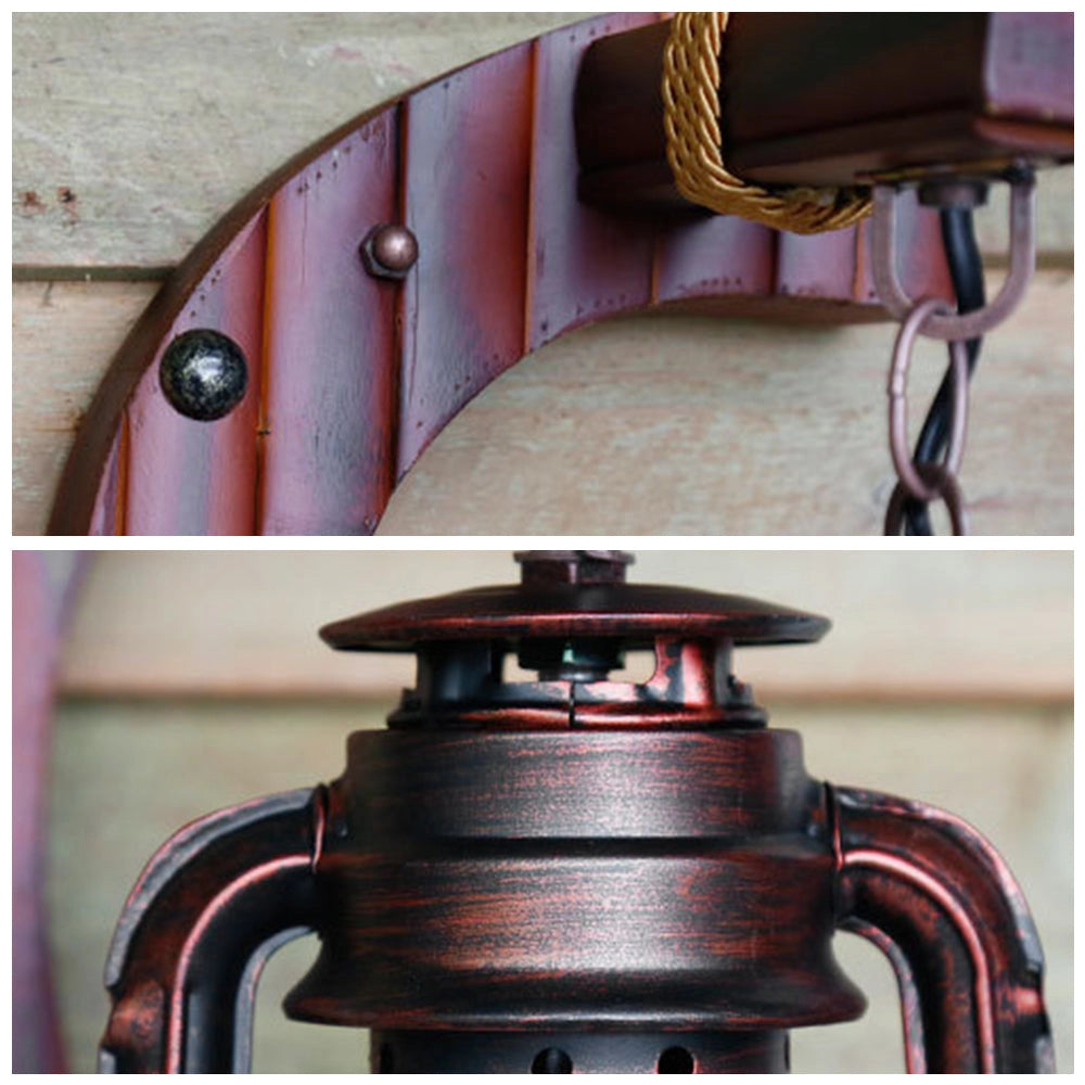 Vintage rustic wall lantern with an antique design, featuring a combination of wood and metal materials, photographed in a decorative setting.
