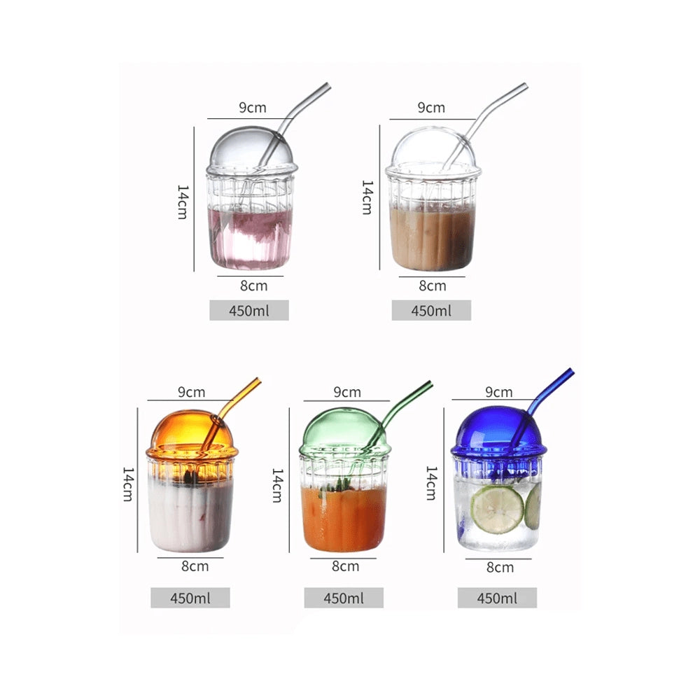 Vintage-style green glass cup with lid and straw, designed for eco-friendly use, suitable for serving beverages.