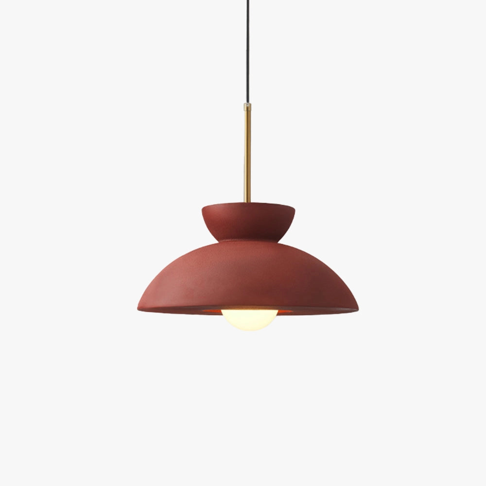 Vintage terra cotta pendant light with a mid-century modern design, featuring a symmetrical peach and carmine light fixture, elegantly suspended as a ceiling lamp, enhancing the interior design with its balanced and stylish appearance.