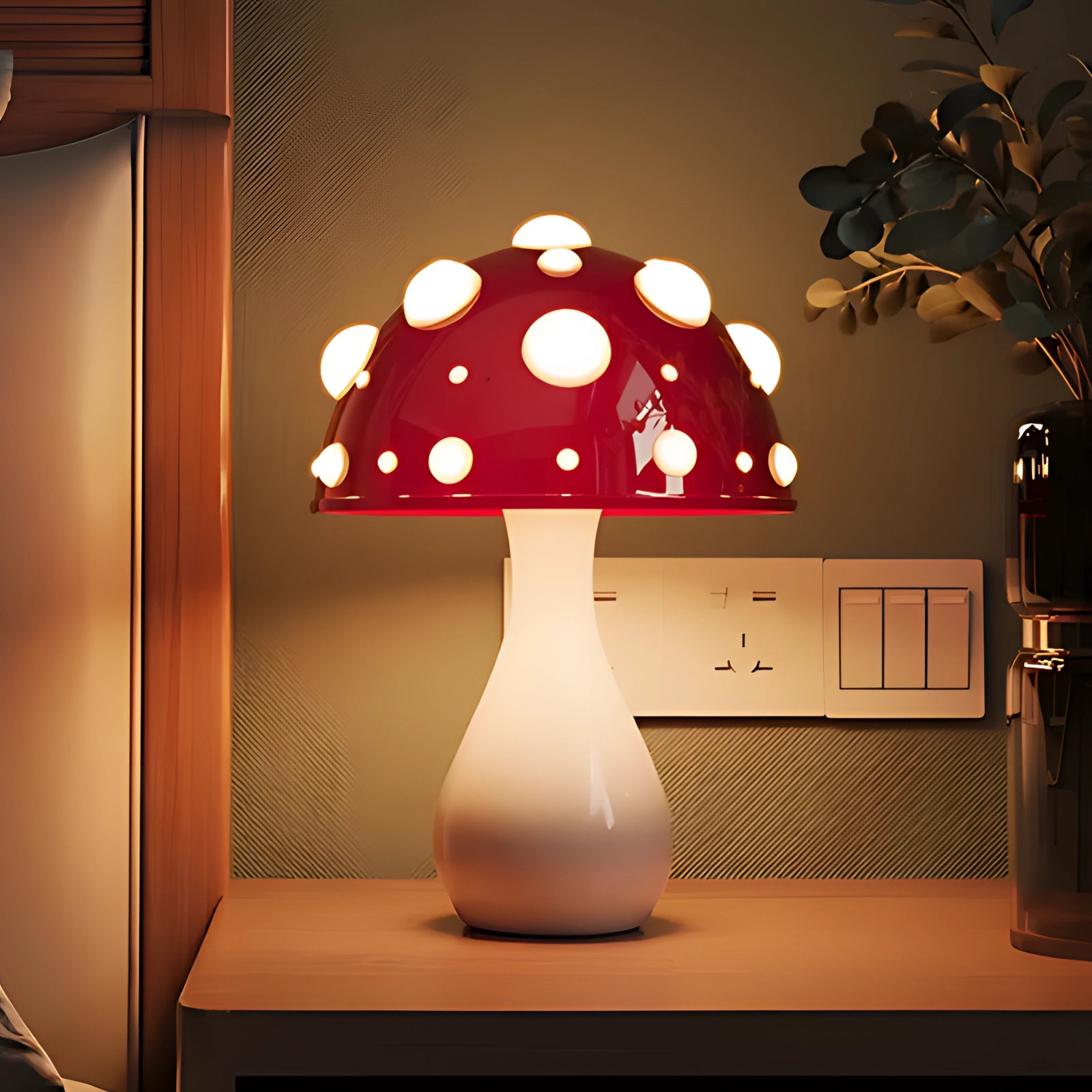Whimsical mushroom-shaped LED lamp with a red and white cap, featuring a wooden base, placed on a table in a well-lit interior setting.