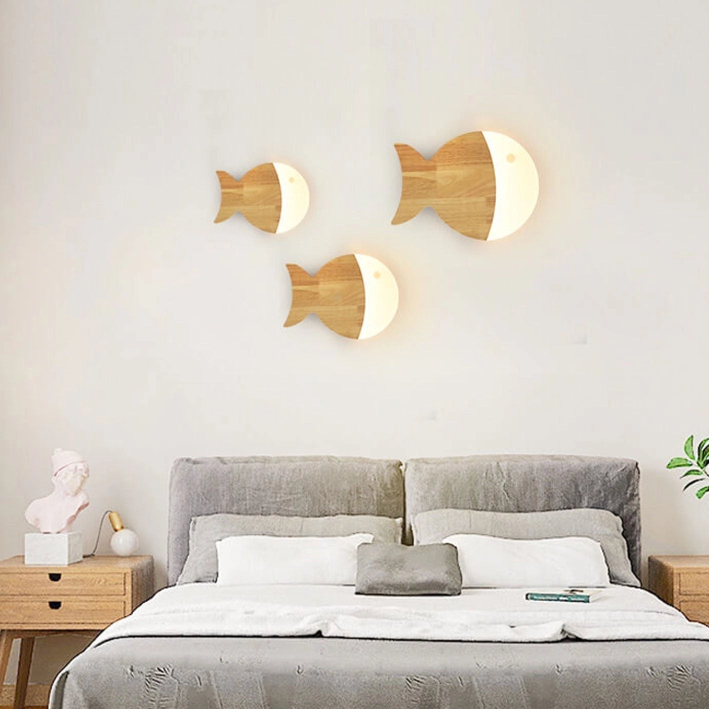 Wooden Fish LED Wall Light in a Scandinavian design, featuring a rectangular wooden structure with a light grey and white finish, mounted on a wall, providing a modern and eco-friendly interior lighting solution.