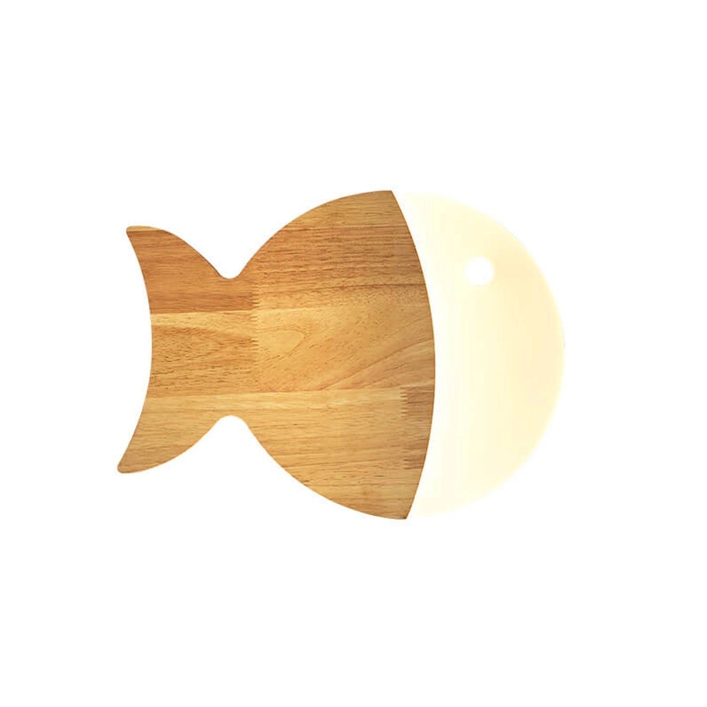 Wooden Fish LED Wall Light featuring a Scandinavian design with a circular shape, crafted from natural wood materials and stained to highlight the grain, displaying an eco-friendly and nautical aesthetic.