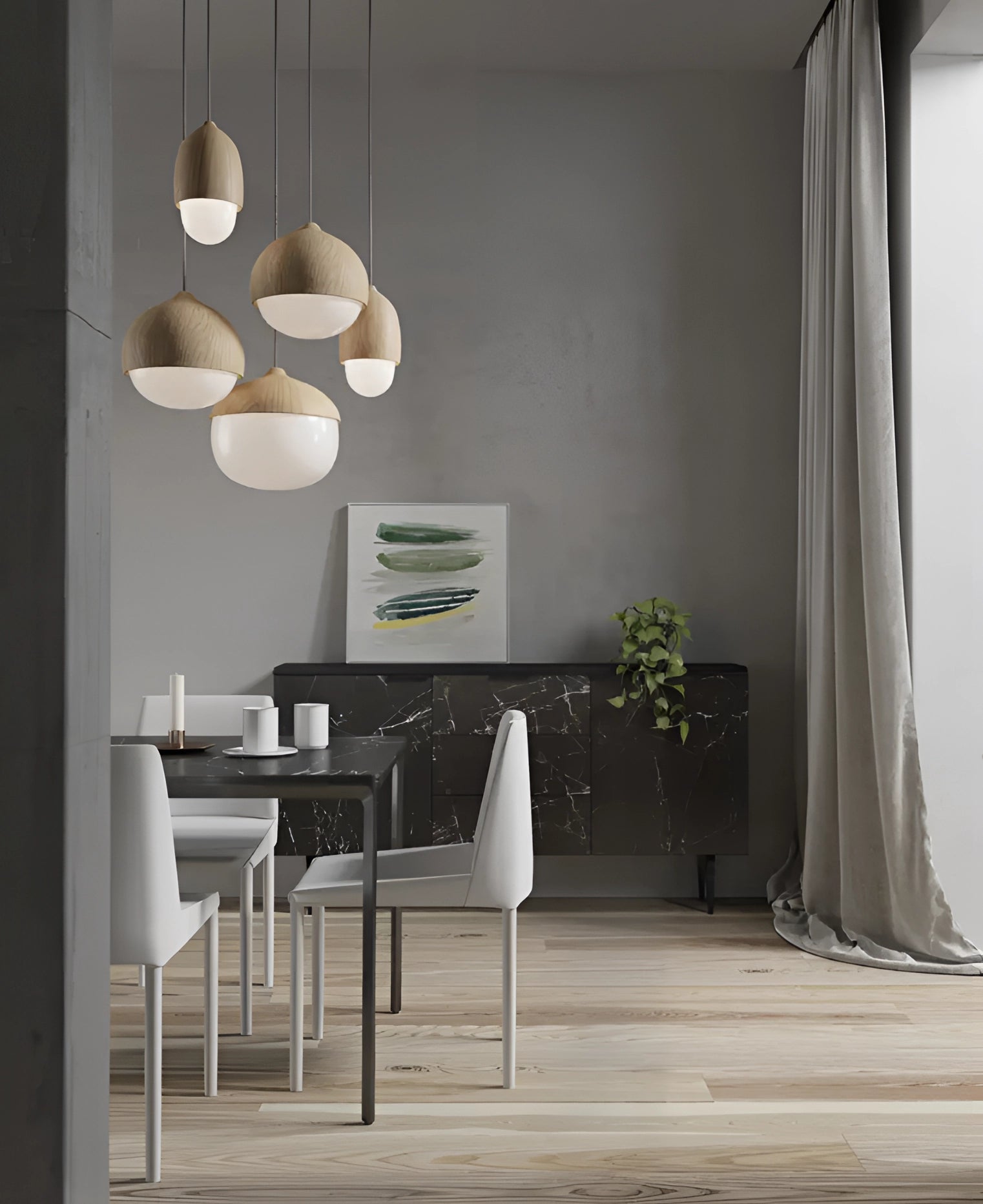 Wooden pendant lights in oak with a Scandinavian eco-friendly minimalist design, hanging above a wooden table in a modern living room with houseplants and furniture.