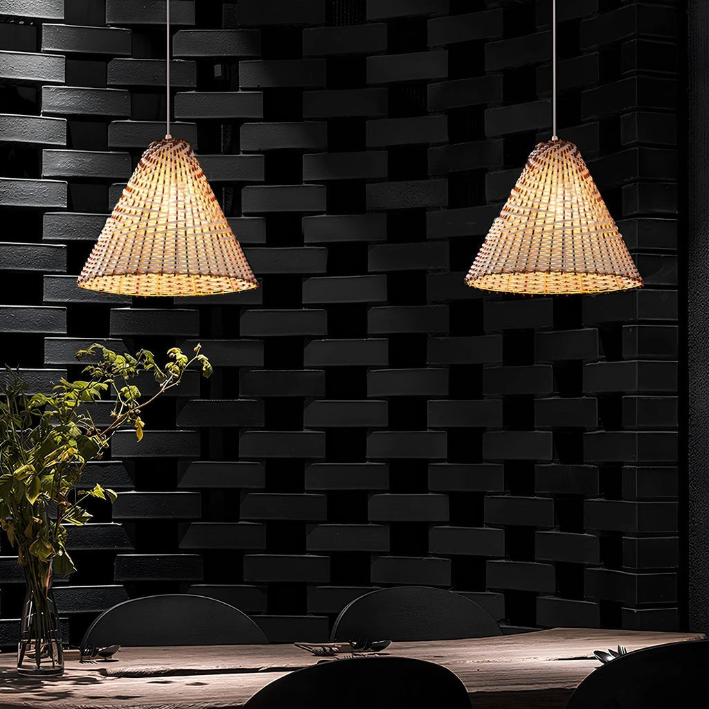 Eco-friendly woven pendant light hanging in a contemporary living room, featuring a natural wood finish and surrounded by modern interior decor elements, including a nearby plant and window that enhance the warm ambiance.