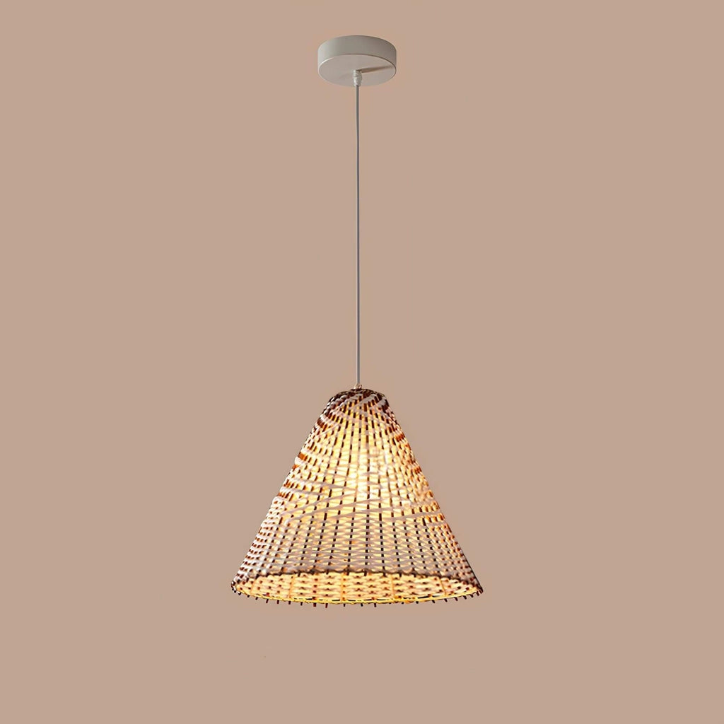 Eco-friendly woven pendant light hanging from the ceiling, featuring a stylish design with intricate metalwork and a soft lampshade that casts warm tints and shades, ideal for contemporary decor.