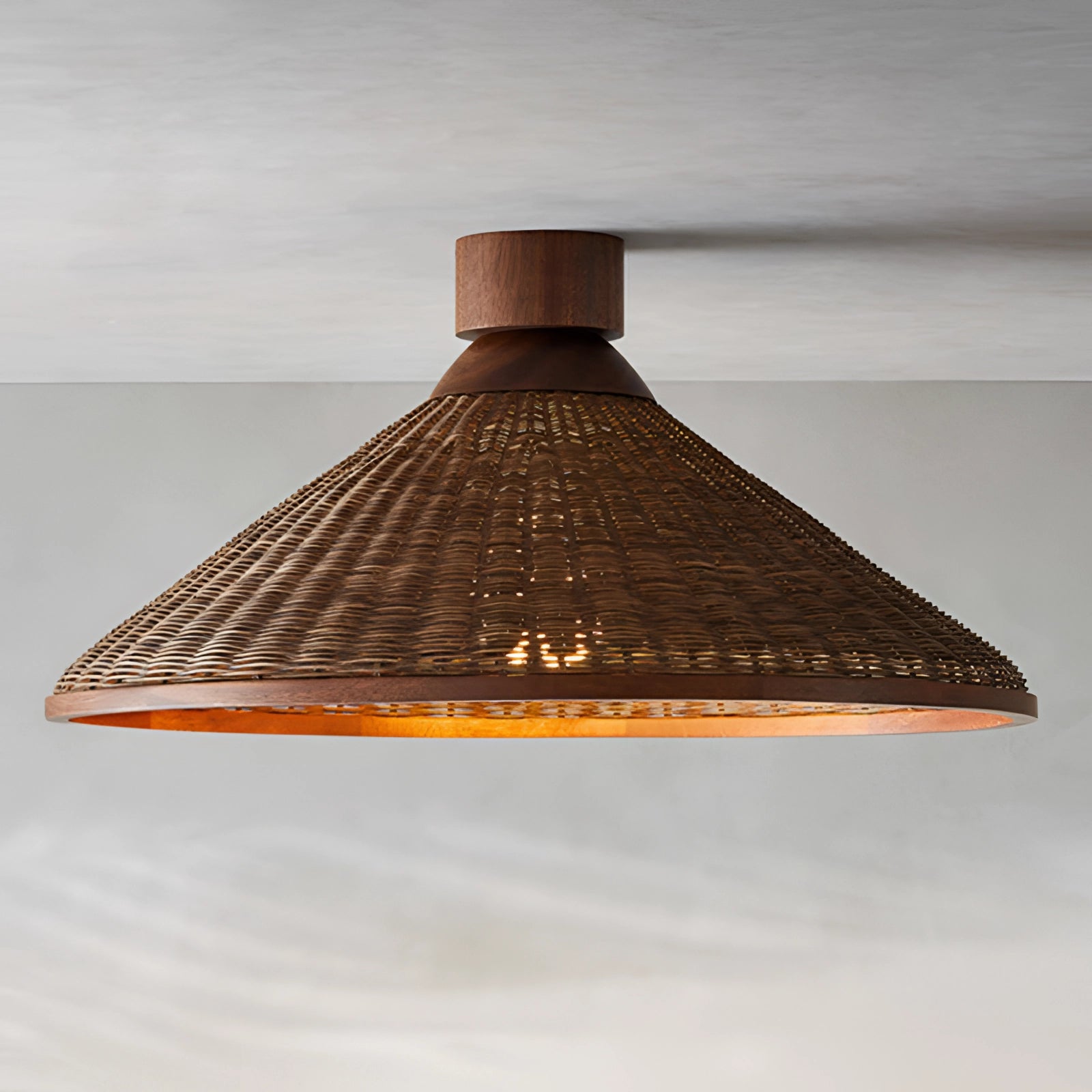 Woven Rattan Pendant Lamp in Scandinavian style, featuring a natural rattan shade with a diameter of 13.8 inches, hanging as a ceiling light.