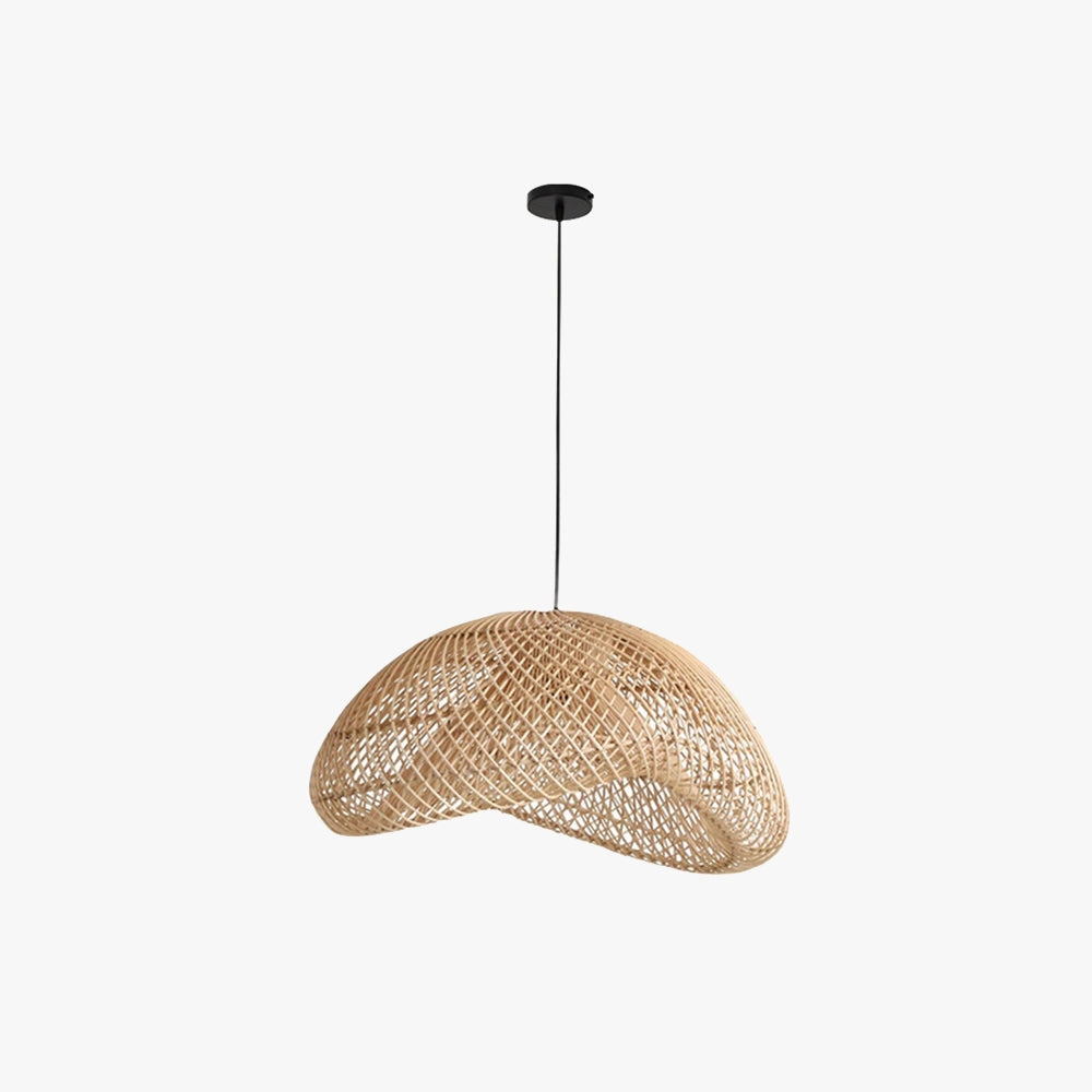 Eco-friendly woven rattan pendant light hanging from the ceiling, creating a boho aesthetic.