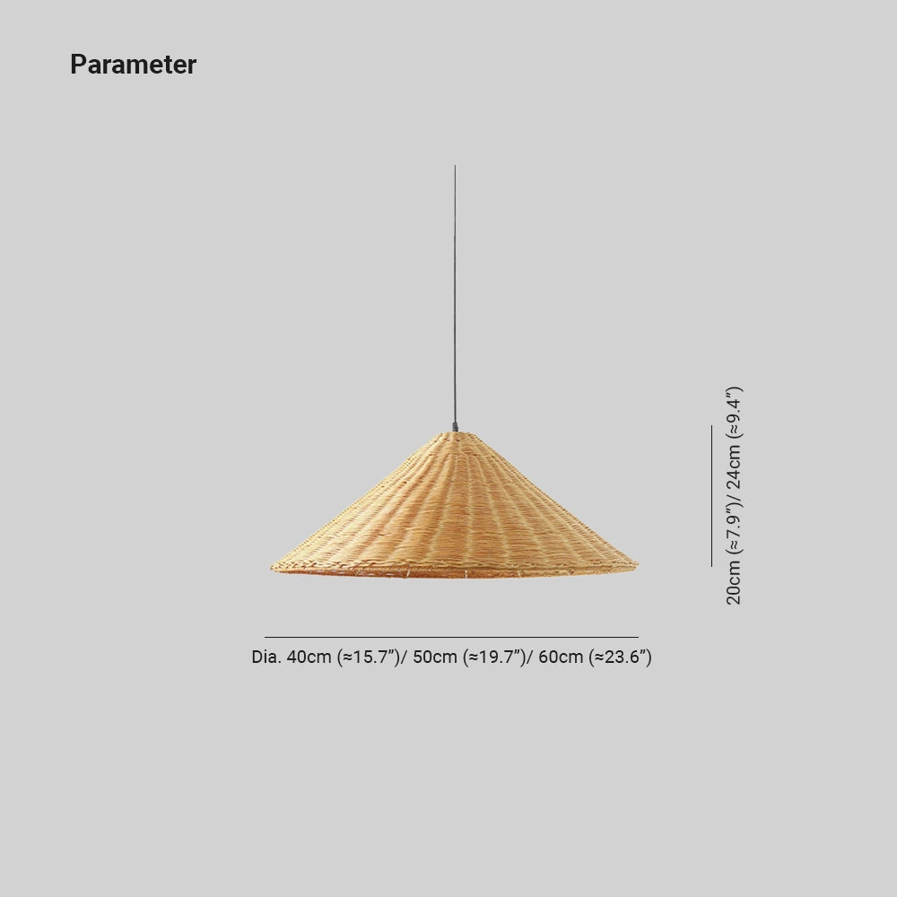 Woven Rattan Pendant Light in a conical shape, hanging in a Scandinavian-styled room with minimalistic decor; eco-friendly design.