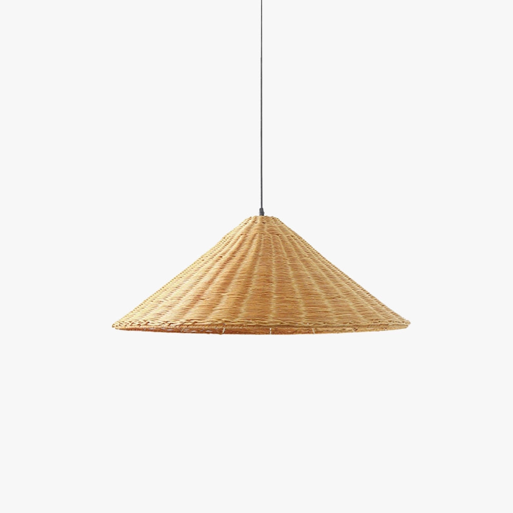 Eco-friendly woven rattan pendant light in a conical shape, perfect for Scandinavian decor, featuring a natural wood finish and intricate craftsmanship.