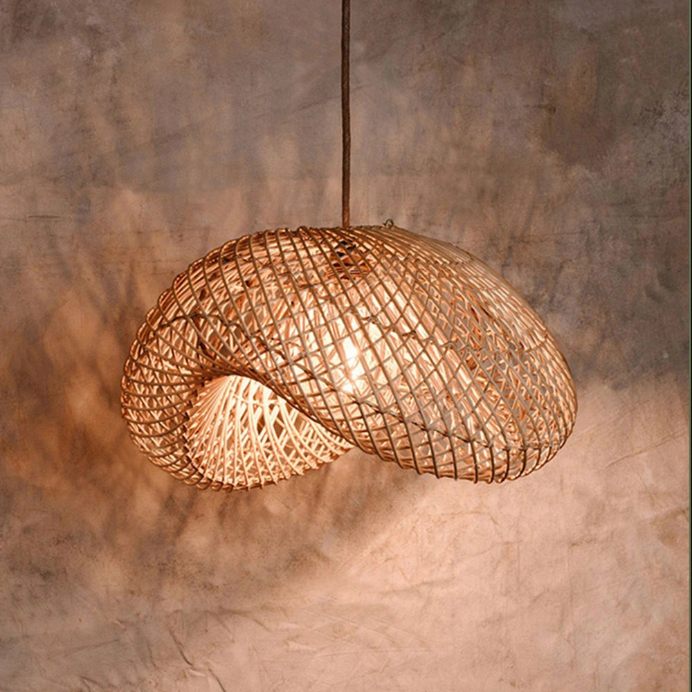 Woven rattan pendant light with a boho design, eco-friendly materials, and a natural wood shade hanging from a ceiling fixture.