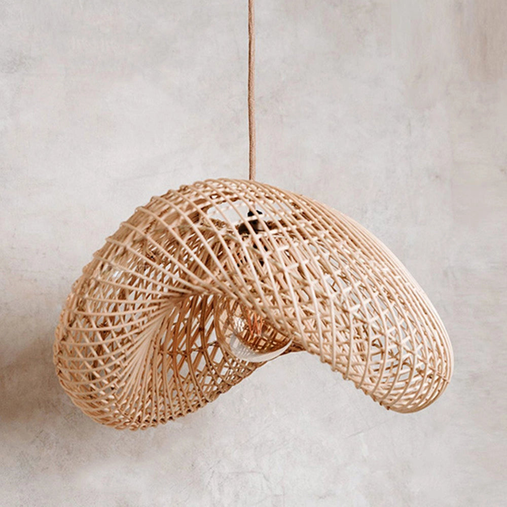 Woven Rattan Pendant Light in natural beige, showcasing intricate pattern and eco-friendly materials, hanging from ceiling.