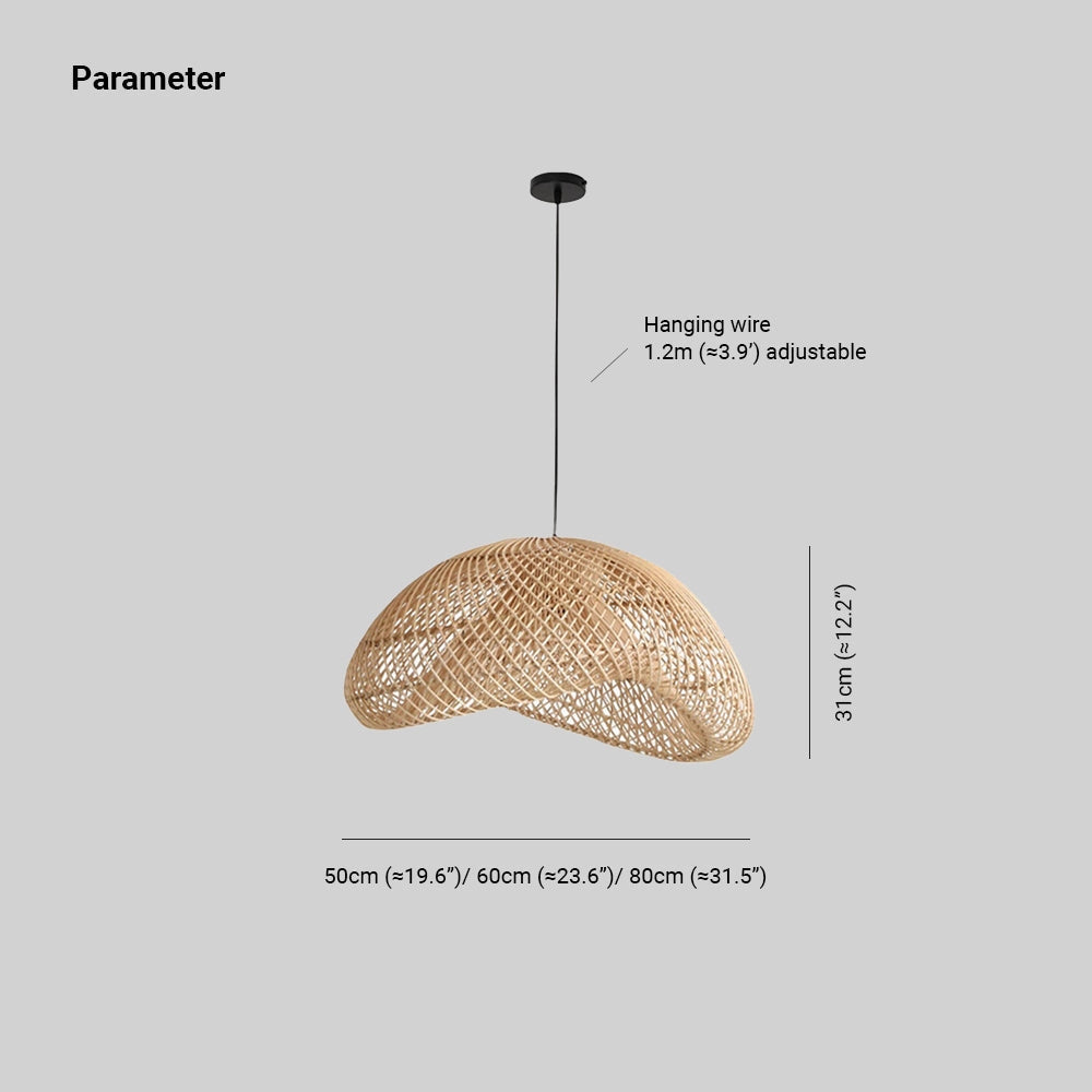Woven Rattan Pendant Light - Eco-Friendly Boho Ceiling Lamp hanging from the ceiling with intricate rattan weave design.