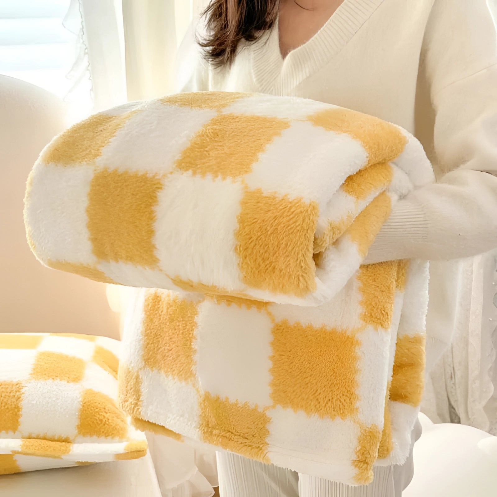 Yellow checkered bedding set featuring a gingham bedsheet and plaid duvet cover, predominantly in yellow with white and beige accents, displayed in a cozy bedroom setting.