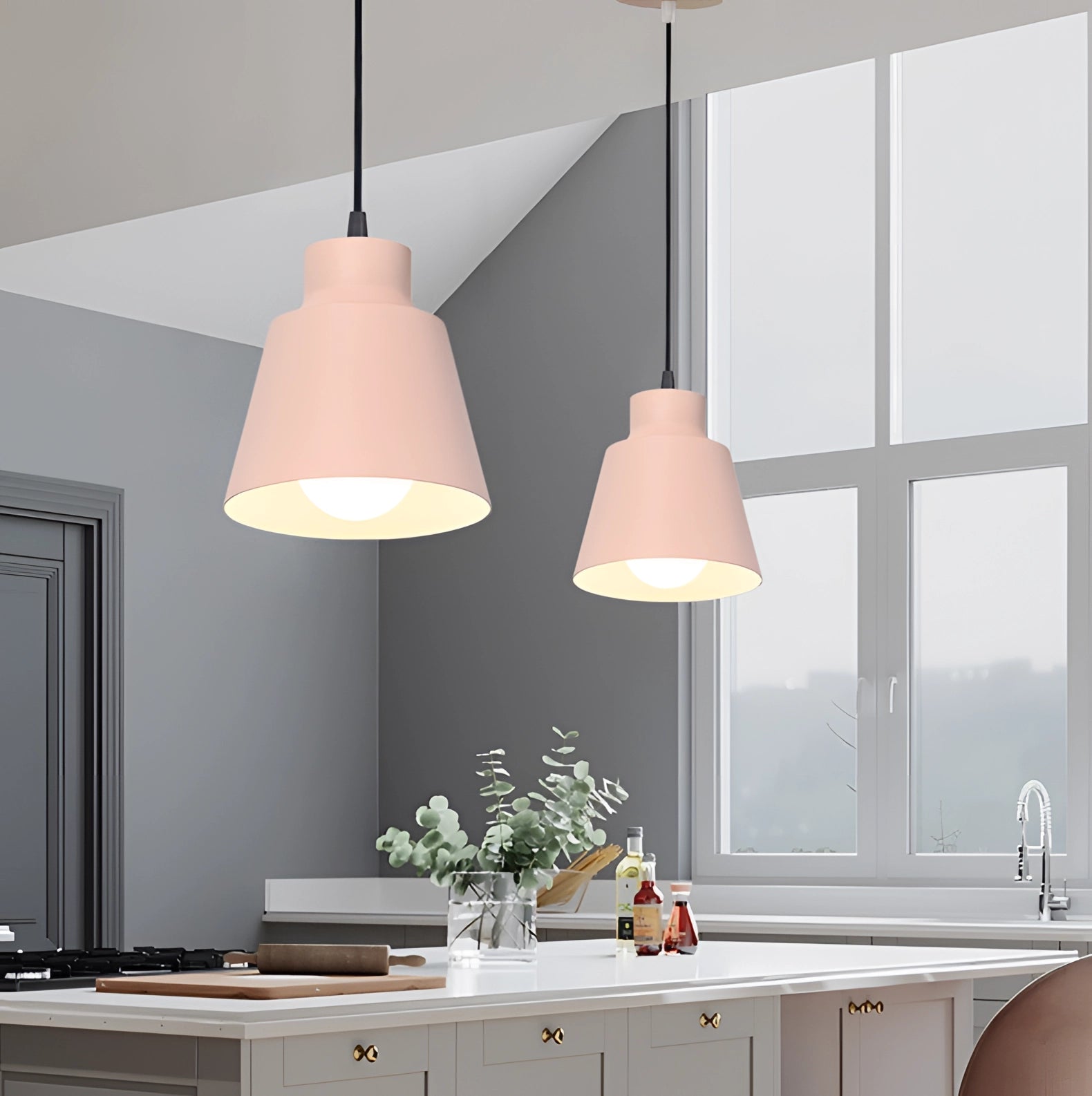 A modern Scandinavian yellow pendant light hanging above a wooden bedside table with a white lamp shade, showcasing a stylish and minimalistic interior design.