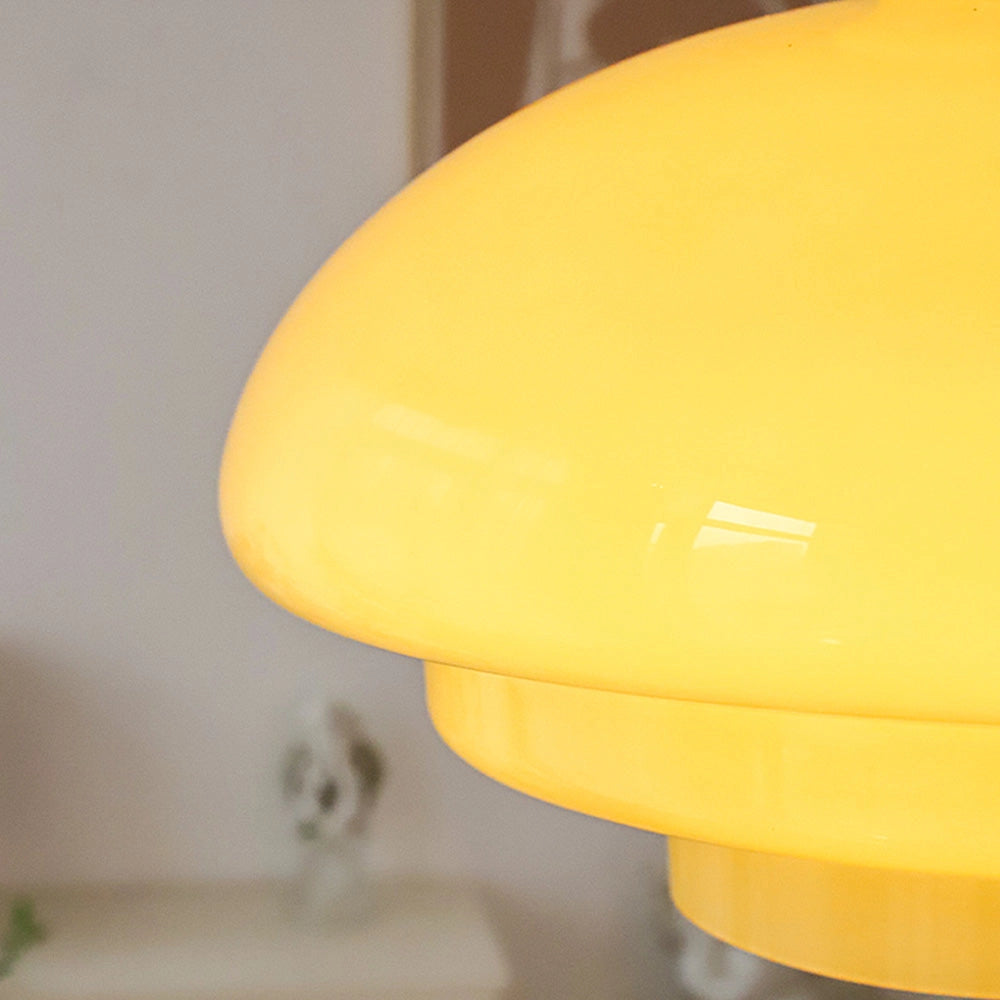 Yellow Pendant Light - Modern Scandinavian Minimalist Ceiling Fixture hanging in a simple, clean bathroom setting.