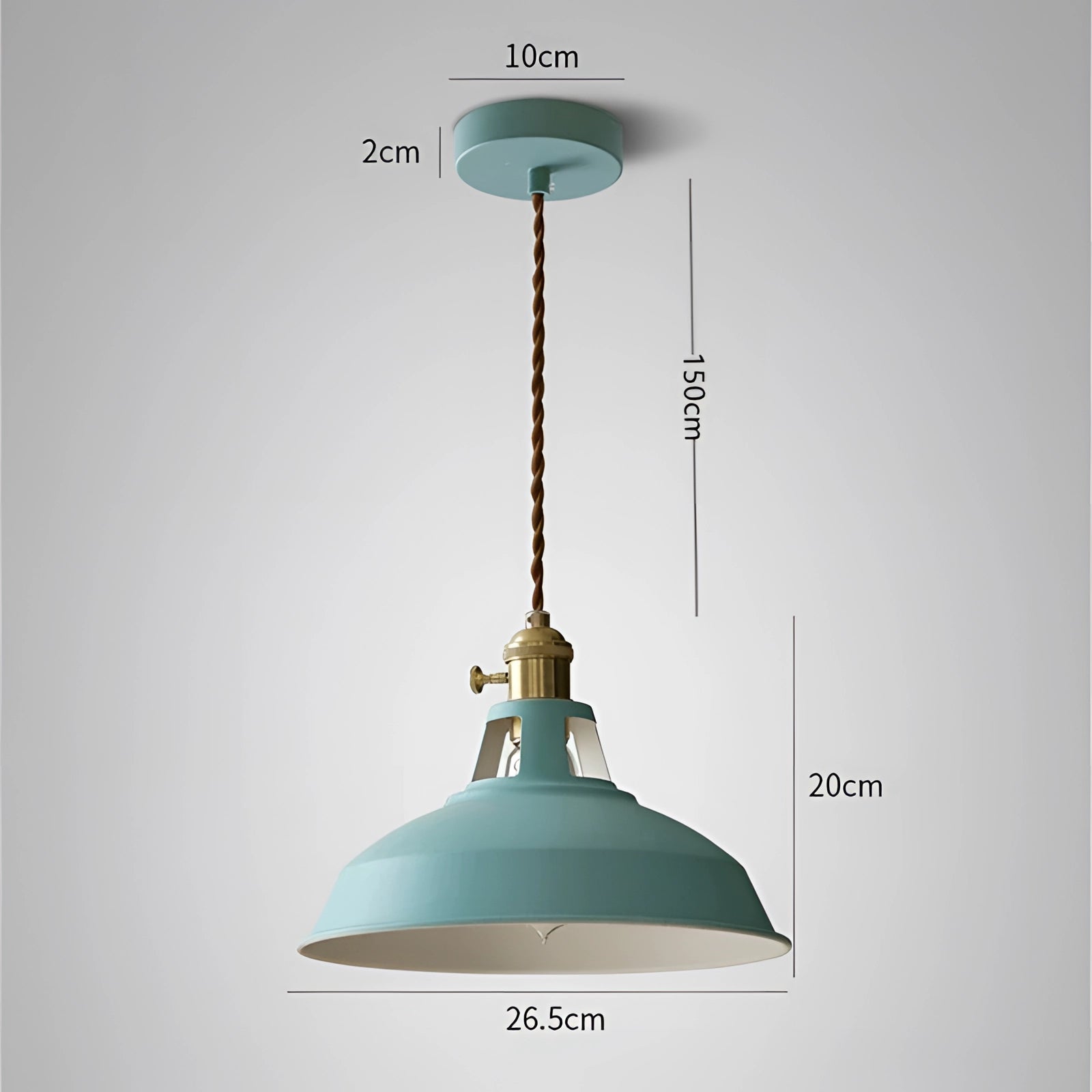 Yellow vintage dome pendant with brass accents, featuring an industrial design, hanging from the ceiling as a light fixture.