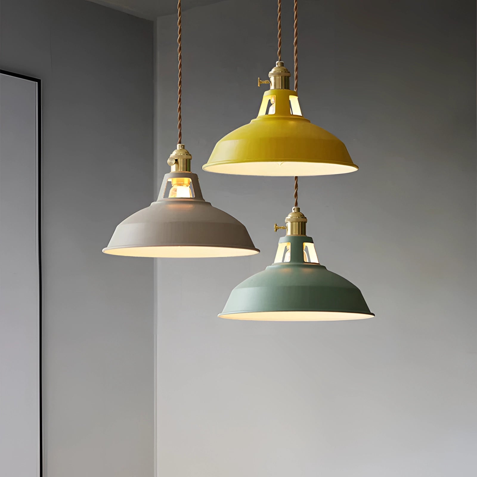Yellow vintage dome pendant light with brass accents, featuring an industrial design. The light includes a yellow lampshade, metal elements, and is designed as a ceiling fixture to add a stylish touch to any space.