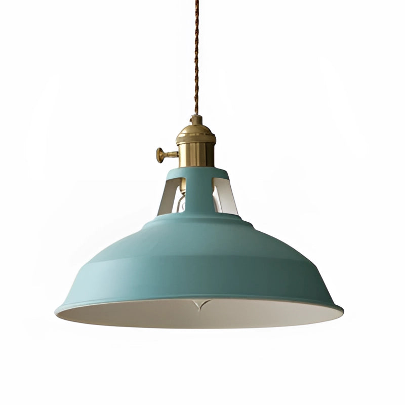 
A blue vintage dome pendant light with brass accents, featuring an industrial design. The pendant has a smooth, circular shape and is suspended from the ceiling, showcasing a blend of modern and retro elements.