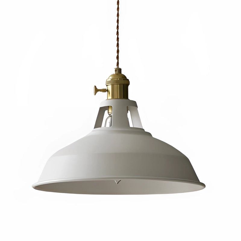 Yellow vintage dome pendant light with brass accents featuring a white finish, showcasing industrial design elements, suitable as a ceiling fixture for interior spaces.