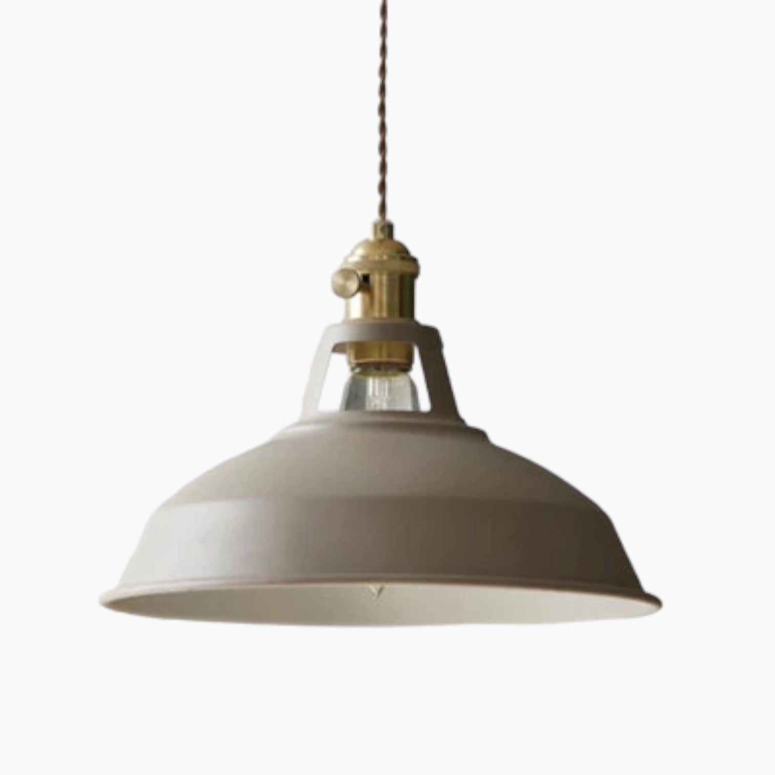 Yellow vintage dome pendant light with brass accents hanging from the ceiling, showcasing an industrial design with khaki tones and a symmetrical structure.