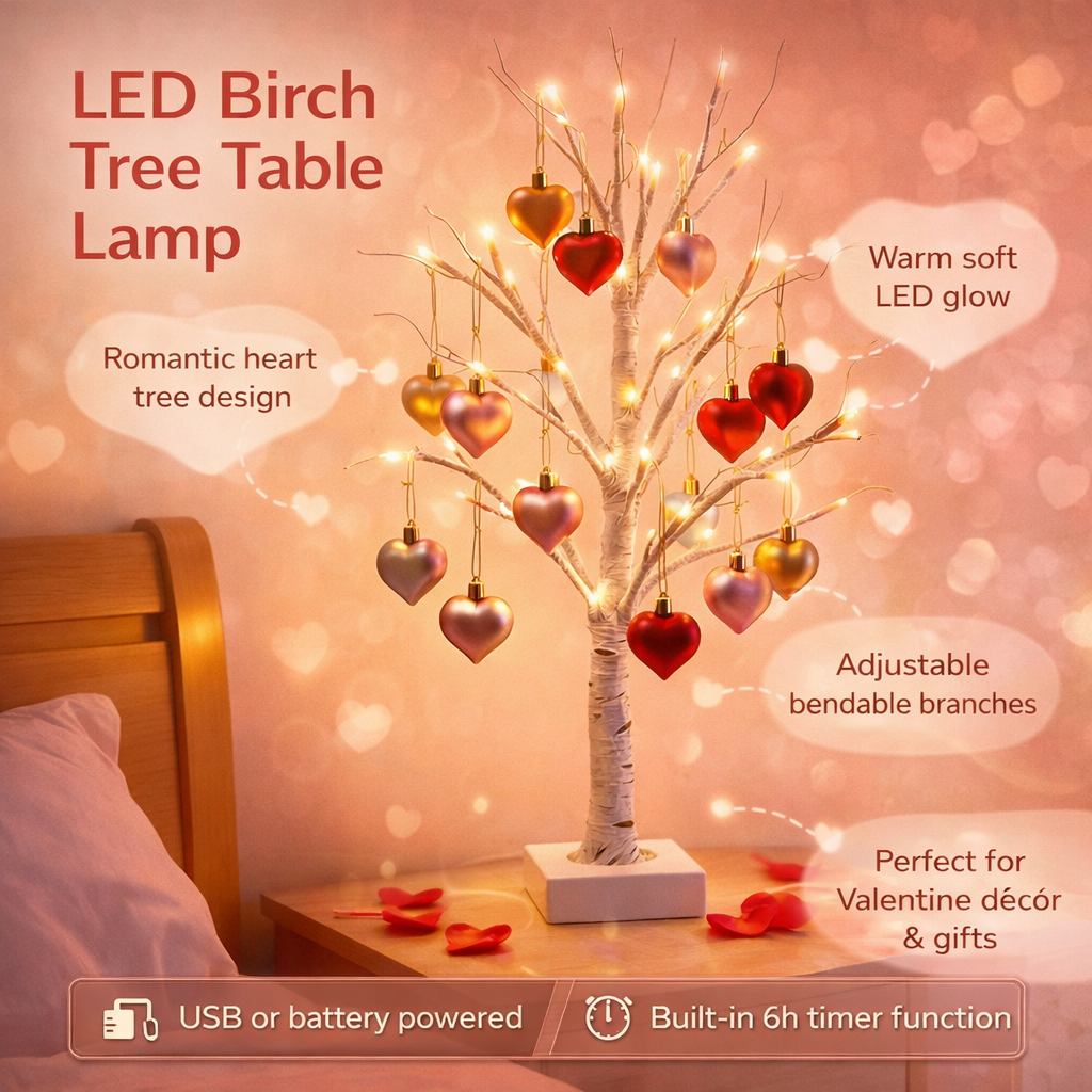 Romantic Heart-Shaped LED Birch Tree Lamp for Cozy Spaces