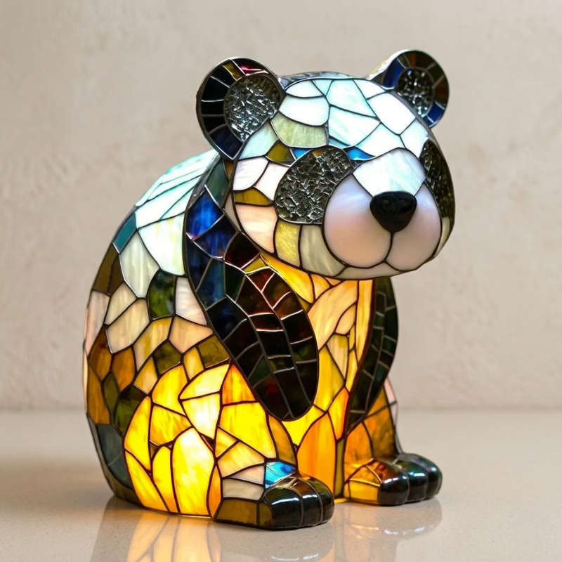Charming Panda Glass Table Lamp with Resin Base - Warm LED Ready