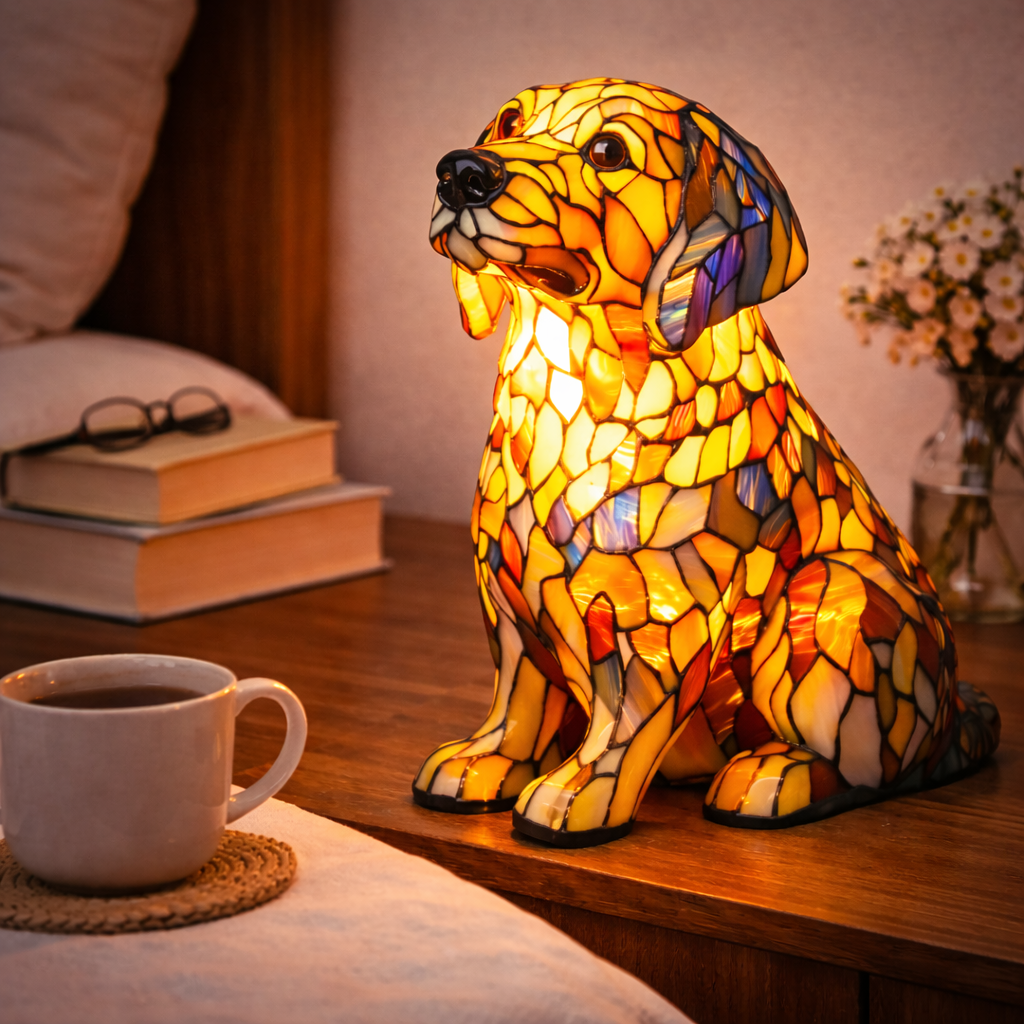 Charming Canine Stained Glass Lamp with LED Nightlight
