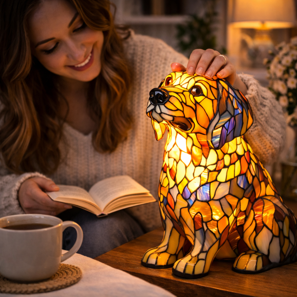 Charming Canine Stained Glass Lamp with LED Nightlight