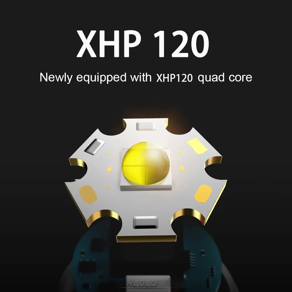 High-Power XHP120 LED Tactical Flashlight with Zoom and Waterproof Design